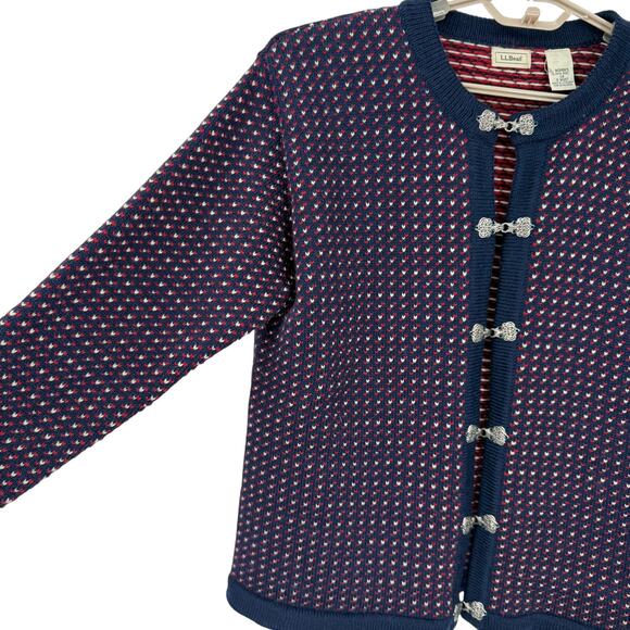 LL Bean Womens Birdseye Cardigan Sweater Jacket Metal Clasps Navy Size Large NEW - Picture 4 of 7